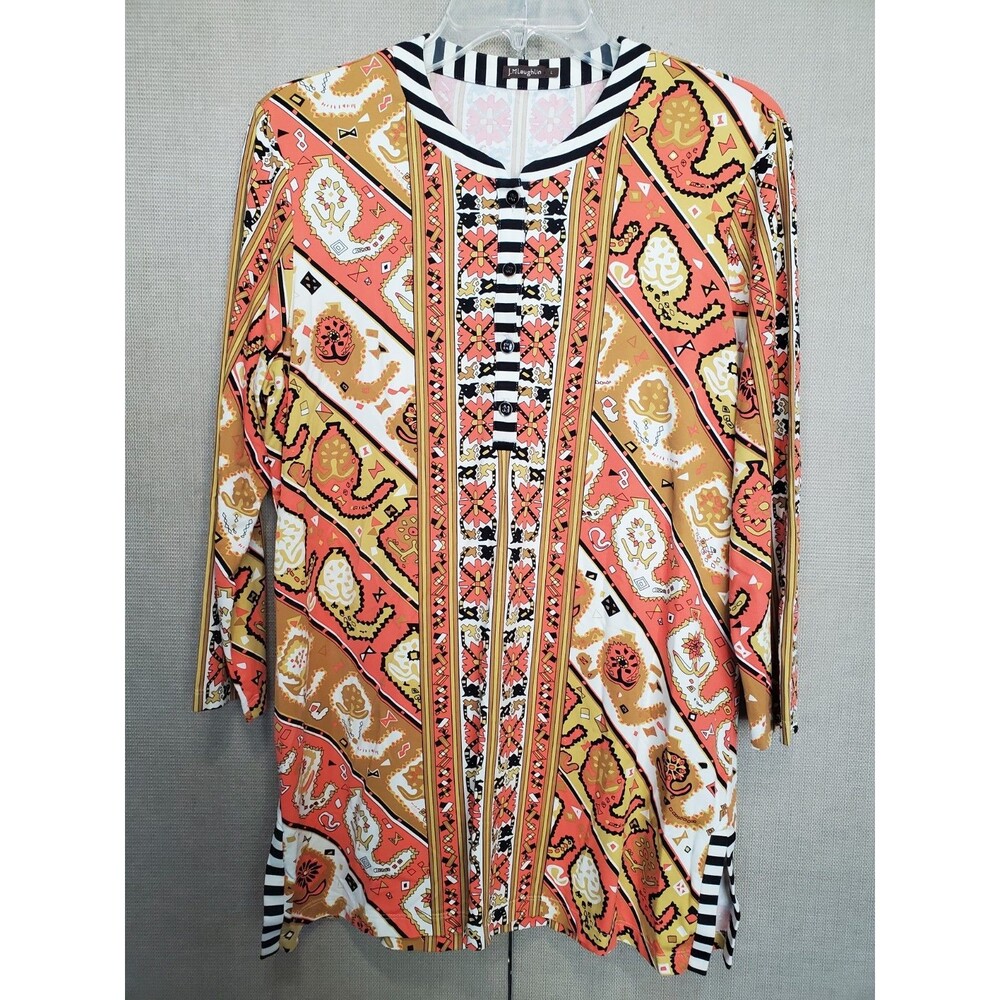 J McLaughlin Catalina Cloth Henley Neck Paisley Scarf Print 3/4 Sleeve Tunic L